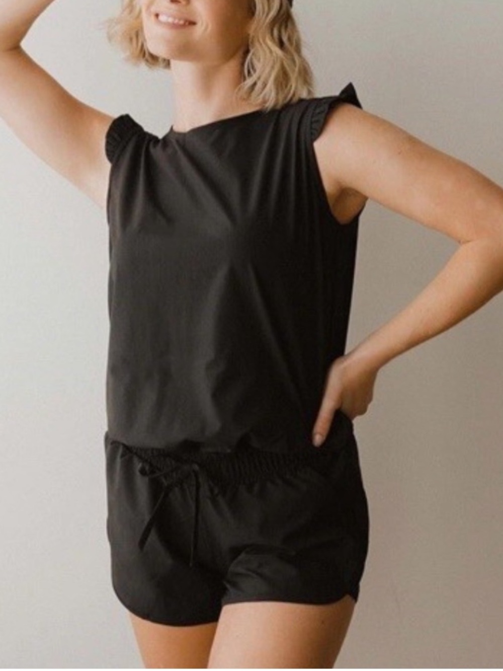 Albion Fit Black Ruffle Sleeve Romper | Elastic Waist | Size S